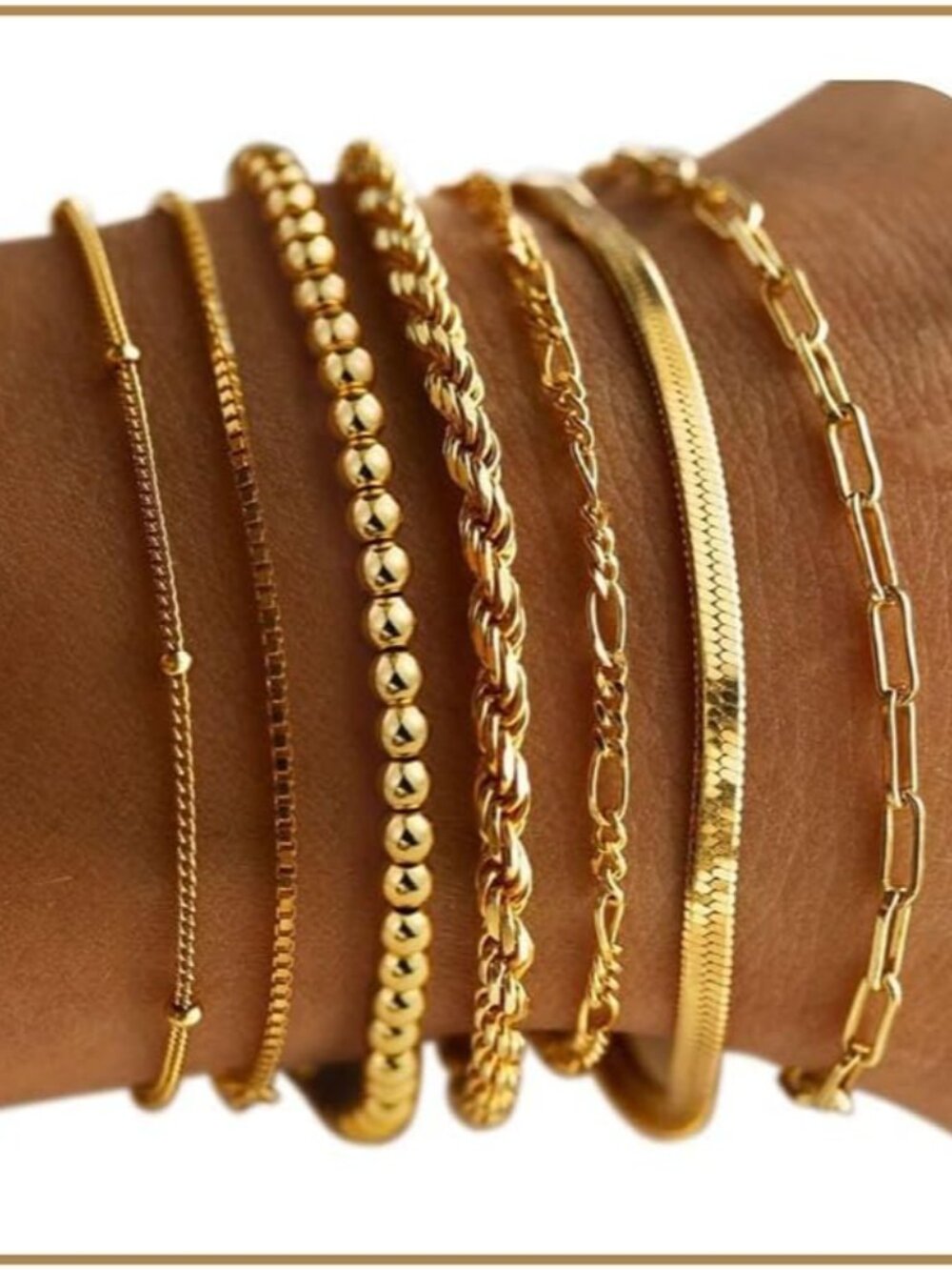 7PCS Gold Bracelets for Women - 14K Real Gold Plated Beaded Bracelets Set Rope P